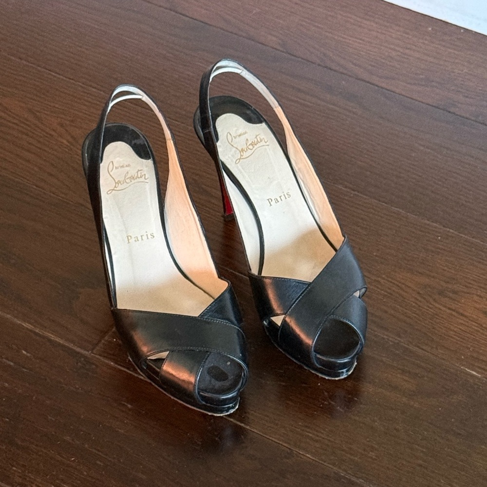 Christian Louboutin Black Peep-Toe Slingback Heels